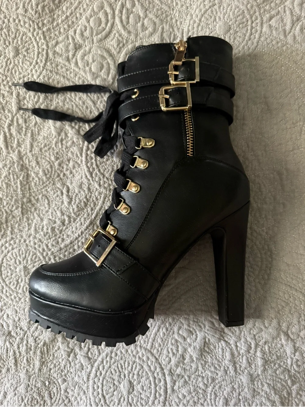 SHOEDAZZLE Black Lace-Up Platform Ankle Boots - Women's Fashion Booties - Picture 2 of 6